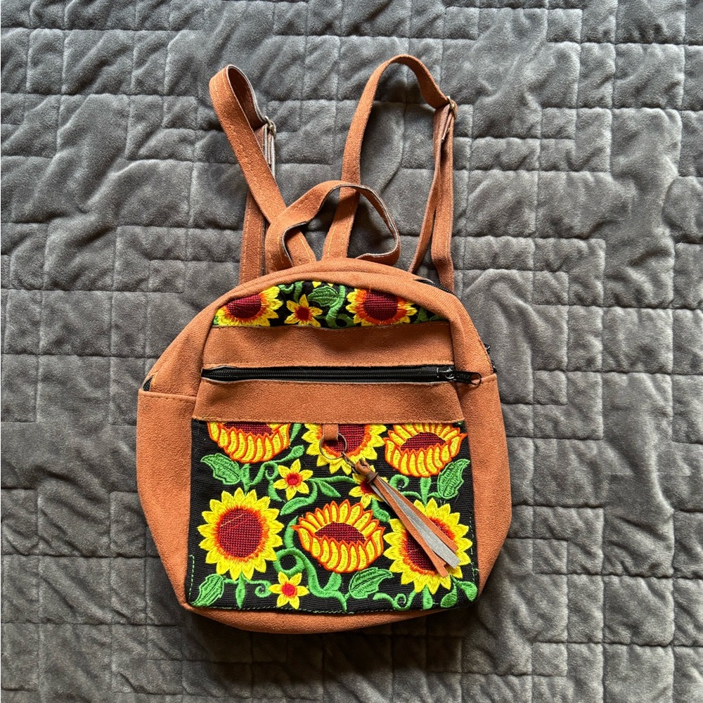Sunflower Embroidered Tan Leather Small Backpack